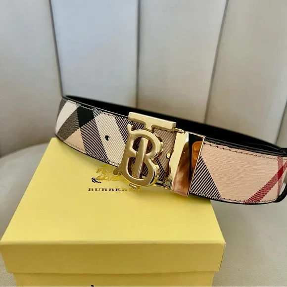 Burberry Monogram Check TB Logo Gold Buckle Plaid Belt Beige Gold Luxe Holiday - Picture 3 of 17